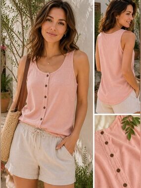 Royal Robbins Cotton Pink Waffle Knit Button Front Tank Top size M Travel Casual
